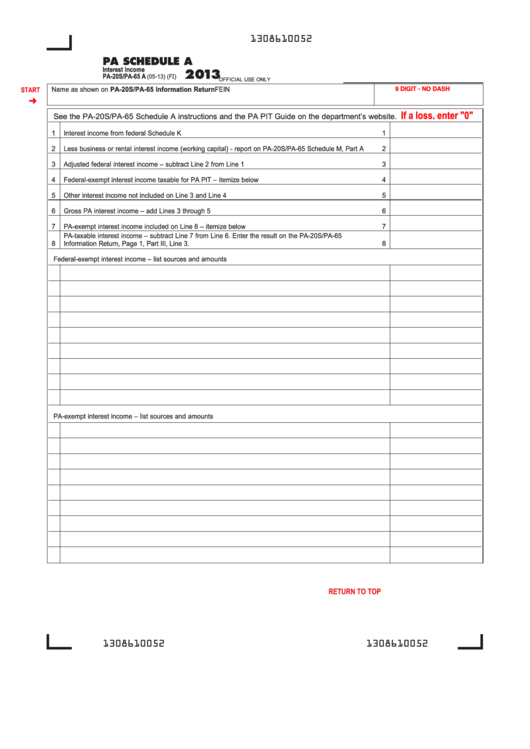 Fillable Form Pa-20s/pa-65 A - Pa Schedule A - Interest Income - 2013 Printable pdf