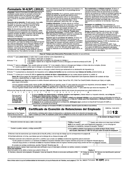 Formulario W-4(sp) - Certificado De Exencion De Retenciones Del Empleado - 2012