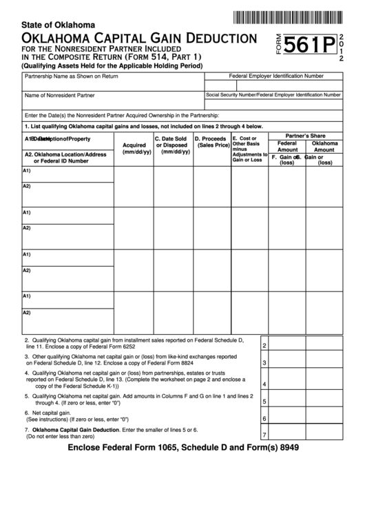 Fillable Form 561p - Oklahoma Capital Gain Deduction - 2012 Printable pdf