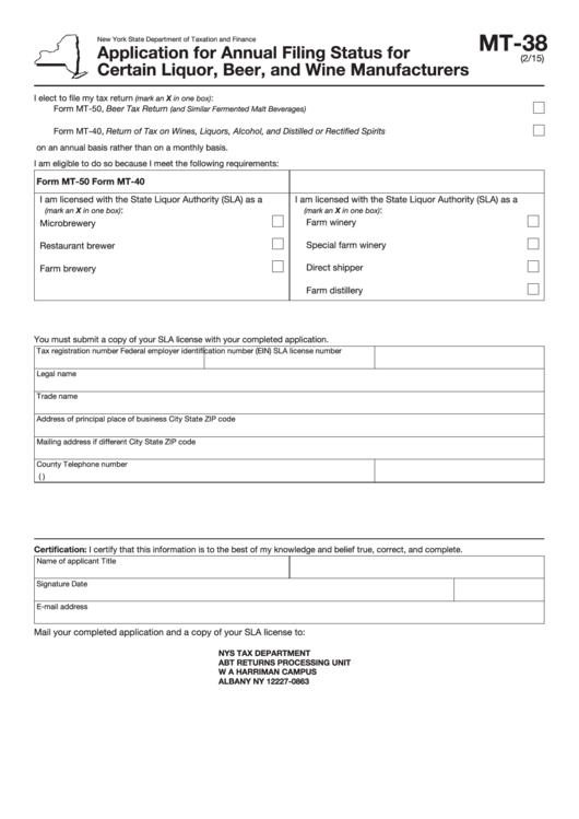 Form Mt-38 - Application For Annual Filing Status For Certain Liquor, Beer, And Wine Manufacturers Printable pdf