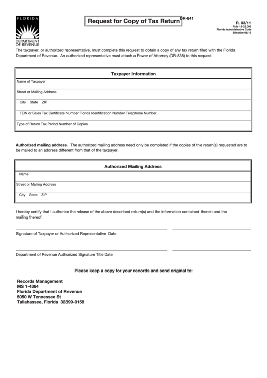 Form Dr-841 - Request For Copy Of Tax Return - 2013 Printable pdf