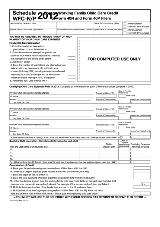 Fillable Form 150-101-170 - Schedule Wfc-N/p - Oregon Working Family Child Care Credit For Form 40n And Form 40p Filers - 2012 Printable pdf