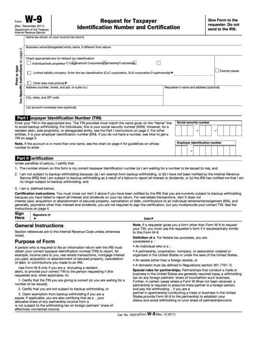 Fillable Form W-9 - Request For Taxpayer Identification Number And Certification - 2011 Printable pdf