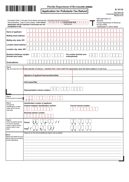 Fillable Form Dr-309660 - Application For Pollutants Tax Refund - 2013 Printable pdf