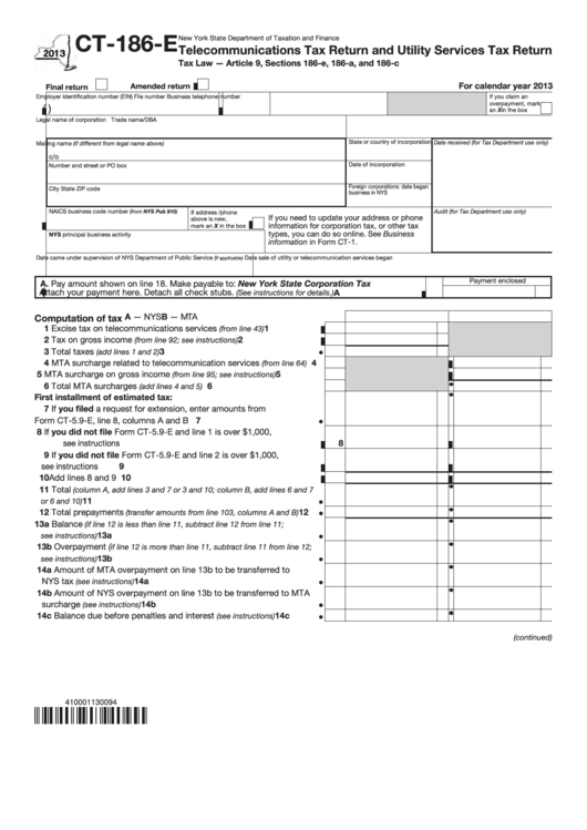 Fillable Form Ct-186-E - Telecommunications Tax Return And Utility Services Tax Return - 2013 Printable pdf