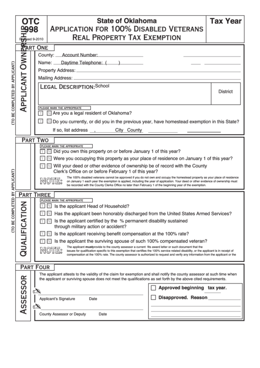 Fillable Form Otc998 - Application For 100% Disabled Veterans Real Property Tax Exemption Printable pdf