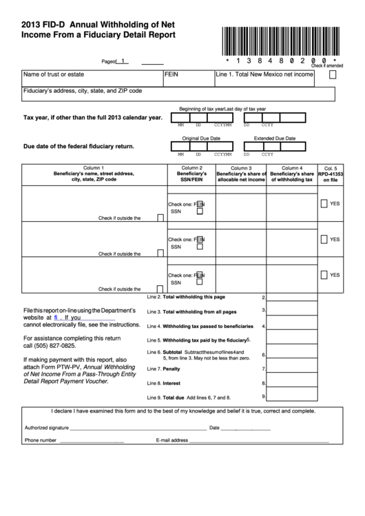 Fillable Form Fid-D - Annual Withholding Of Net Income From A Fiduciary Detail Report - 2013 Printable pdf