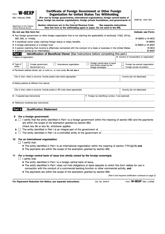 Fillable Form W-8exp - Certificate Of Foreign Government Or Other Foreign Organization For United States Tax Withholding - 2006 Printable pdf