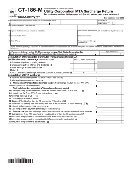 Form Ct-186-M - Utility Corporation Mta Surcharge Return - 2013 Printable pdf