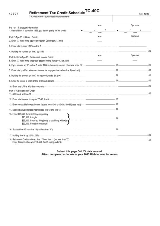 Fillable Form Tc-40c - Retirement Tax Credit Schedule Printable pdf
