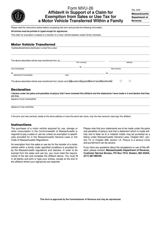 Form Mvu-26 - Affidavit In Support Of A Claim For Exemption From Sales Or Use Tax For A Motor Vehicle Transferred Within A Family Printable pdf