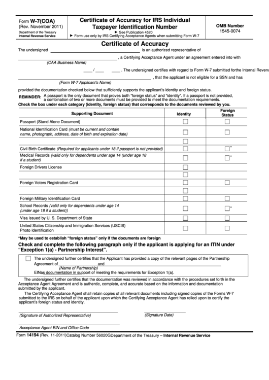 Fillable Form W-7(Coa) - Certificate Of Accuracy For Irs Individual Taxpayer Identification Number Printable pdf