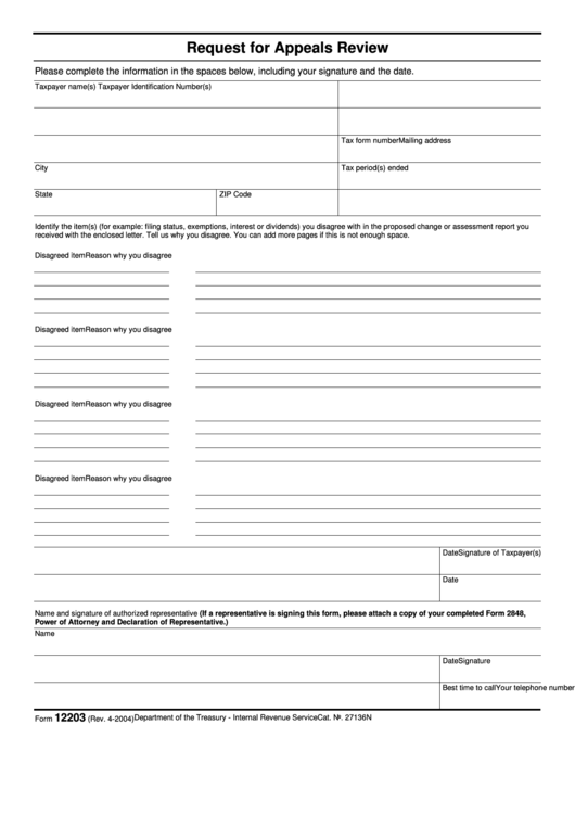 Fillable Form 12203 - Request For Appeals Review Printable pdf