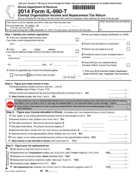 Fillable Form Il-990-T - Exempt Organization Income And Replacement Tax Return - 2014 Printable pdf