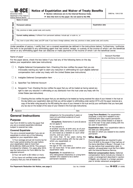 Fillable Form W-8ce - Notice Of Expatriation And Waiver Of Treaty Benefits - 2009 Printable pdf