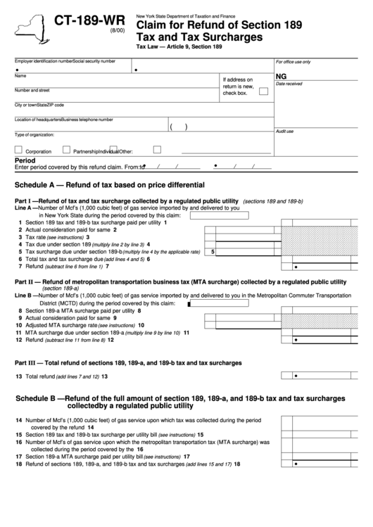 Form Ct-189-Wr - Claim For Refund Of Section 189 Tax And Tax Surcharges Printable pdf