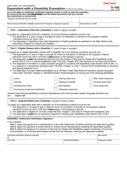 Fillable Form Tc-40d - Dependent With A Disability Exemption Printable pdf