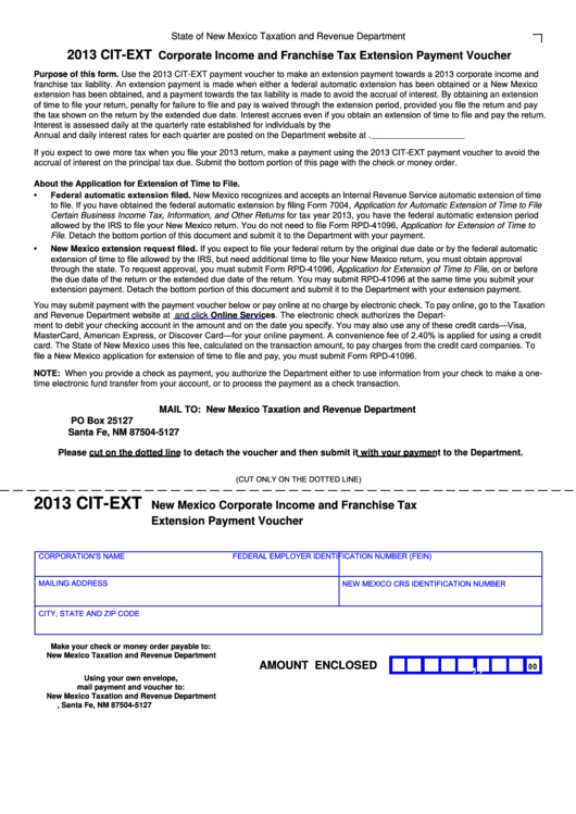 Form Cit-Ext - Corporate Income And Franchise Tax Extension Payment Voucher - 2013 Printable pdf