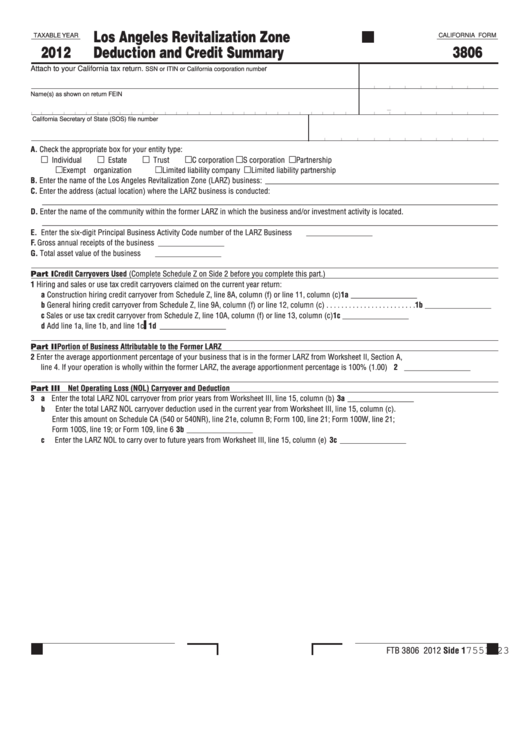 Fillable California Form 3806 - Los Angeles Revitalization Zone Deduction And Credit Summary - 2012 Printable pdf