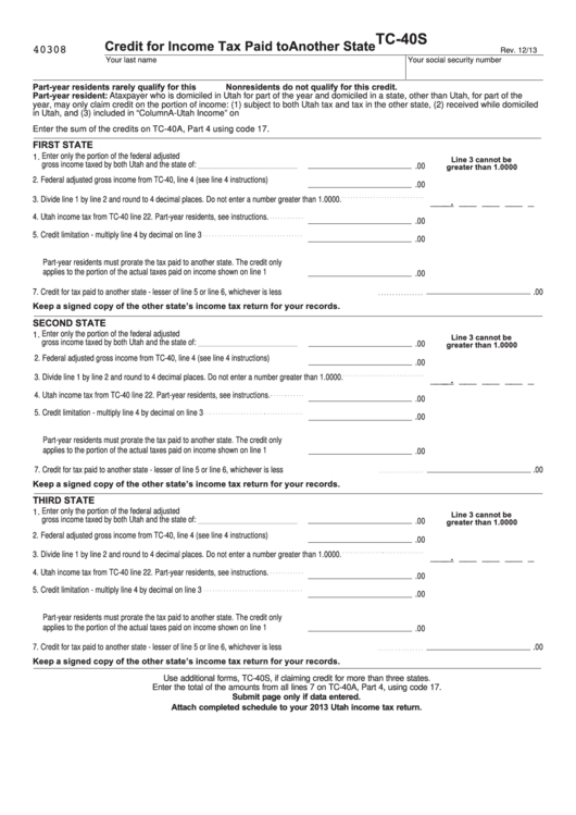 Fillable Form Tc-40s - Credit For Income Tax Paid To Another State Printable pdf