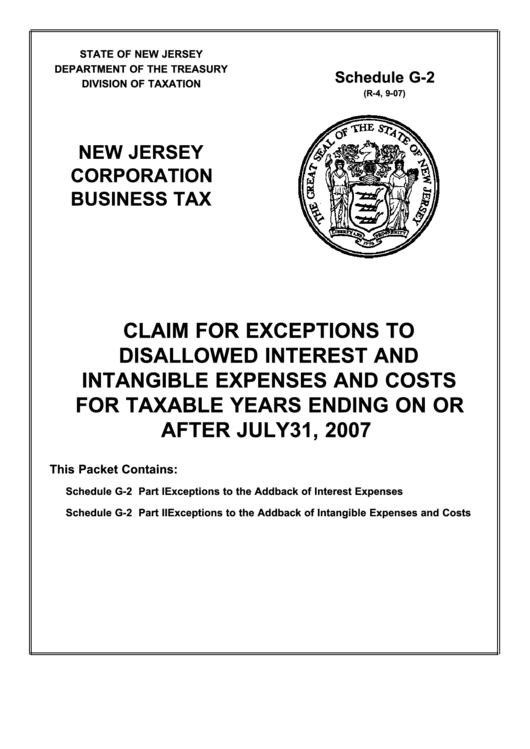 Fillable Schedule G-2 - Claim For Exceptions To Disallowed Interest And Intangible Expenses And Costs For Taxable Years Ending On Or After July 31, 2007 Printable pdf