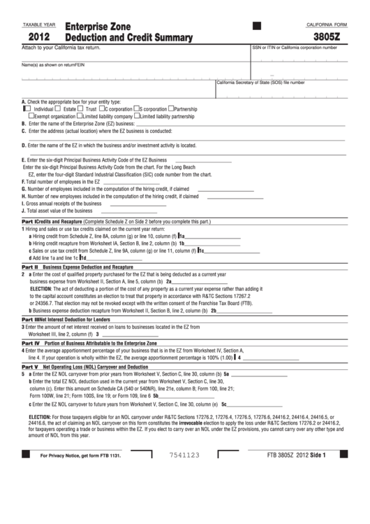 Fillable California Form 3805z - Enterprise Zone Deduction And Credit Summary - 2012 Printable pdf