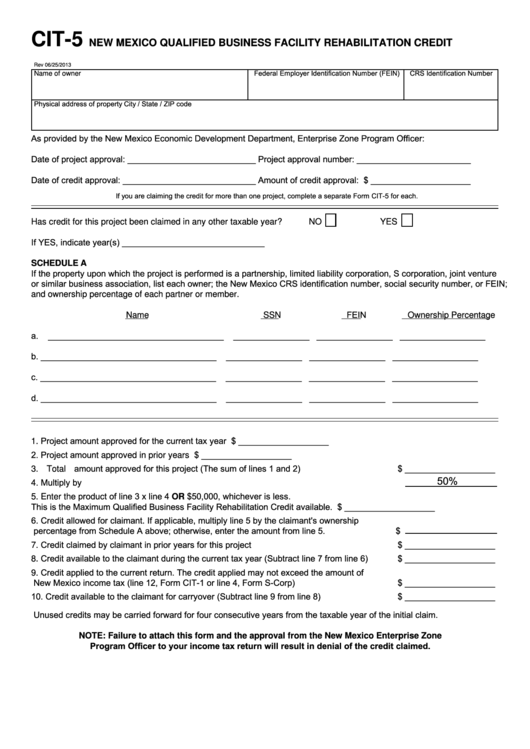 Fillable Form Cit-5 - New Mexico Qualified Business Facility Rehabilitation Credit Printable pdf