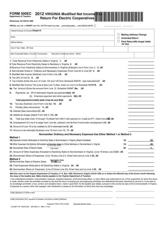 Fillable Form 500ec - Virginia Modified Net Income Tax Return For Electric Cooperatives - 2012 Printable pdf
