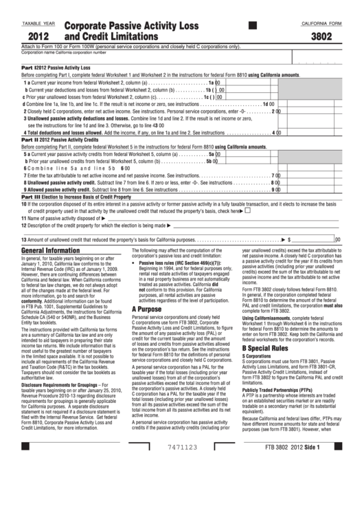 Fillable California Form 3802 - Corporate Passive Activity Loss And Credit Limitations - 2012 Printable pdf