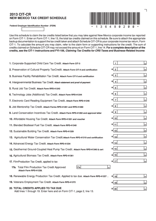 Fillable Form Cit-Cr - New Mexico Tax Credit Schedule - 2013 Printable pdf