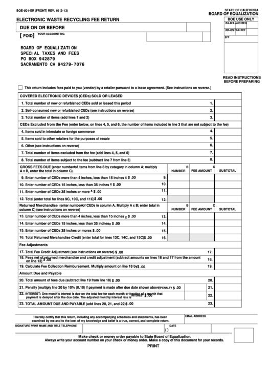 Fillable Form Boe-501-Er - Electronic Waste Recycling Fee Return Printable pdf