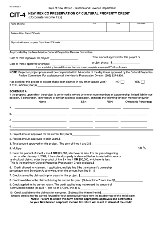 Fillable Form Cit-4 - New Mexico Preservation Of Cultural Property Credit Printable pdf