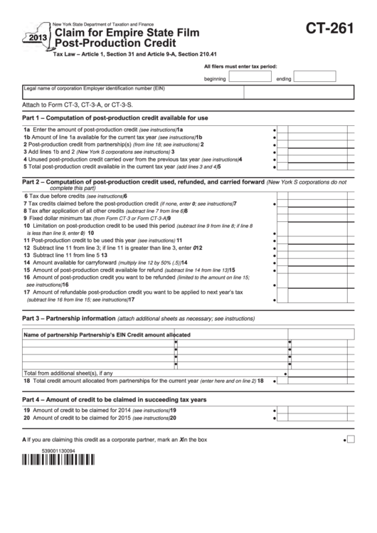 Form Ct-261 - Claim For Empire State Film Post-Production Credit - 2013 Printable pdf