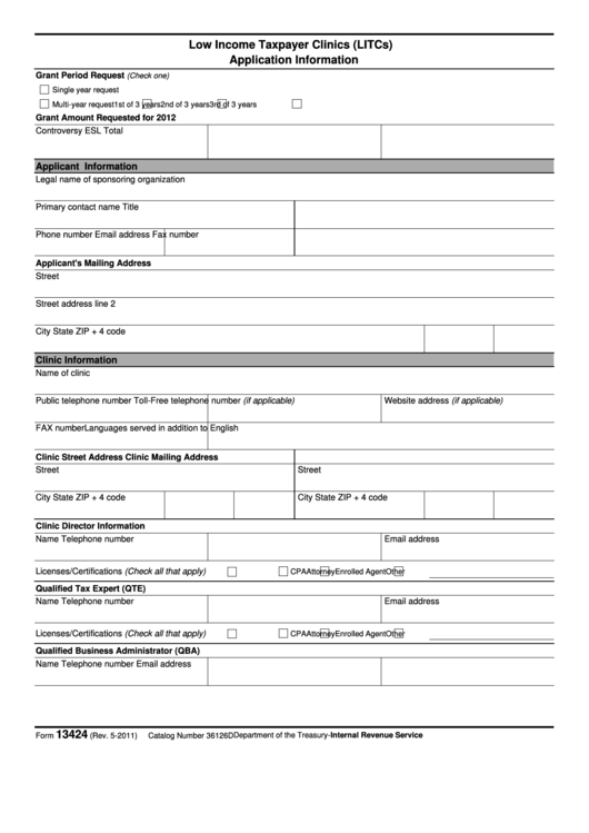 Fillable Form 13424 - Low Income Taxpayer Clinics (Litcs) Application Information Printable pdf