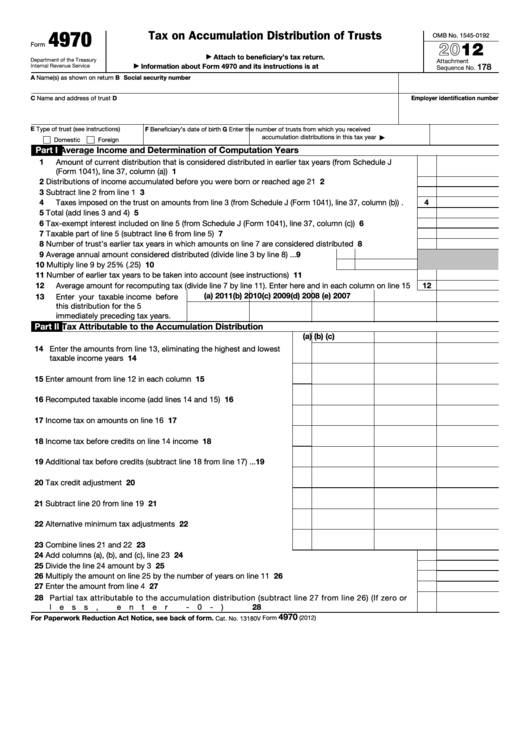 Fillable Form 4970 - Tax On Accumulation Distribution Of Trusts - 2012 Printable pdf