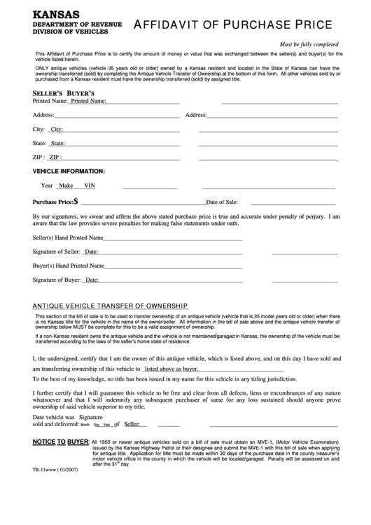Fillable Form Tr-11 - Affidavit Of Purchase Price Printable pdf