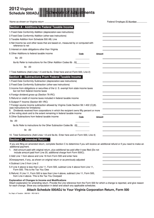 Fillable Virginia Schedule 500adj - Schedule Of Adjustments - 2012 Printable pdf