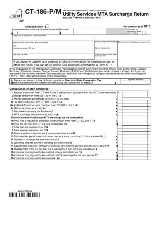 Form Ct-186-P/m - Utility Services Mta Surcharge Return - 2013 Printable pdf