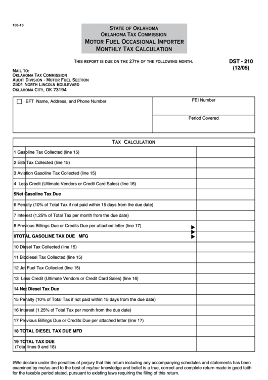 Form Dst - 210 - Motor Fuel Occasional Importer Monthly Tax Calculation Printable pdf