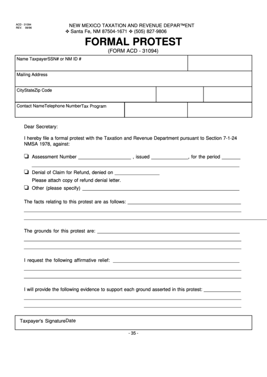 Form Acd - 31094 - Formal Protest Printable pdf