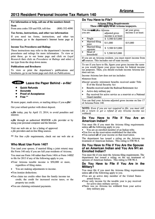 Fillable Arizona Form 140 - Resident Personal Income Tax Return - 2013 Printable pdf