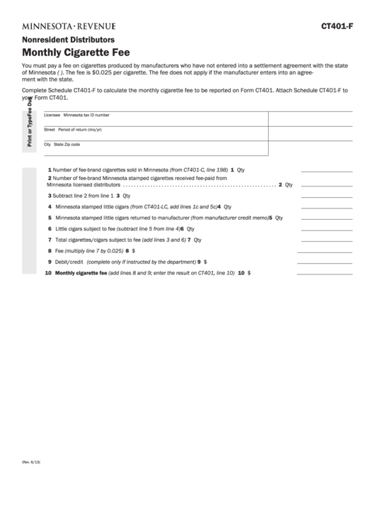 Fillable Form Ct401-F - Nonresident Distributors - Monthly Cigarette Fee Printable pdf