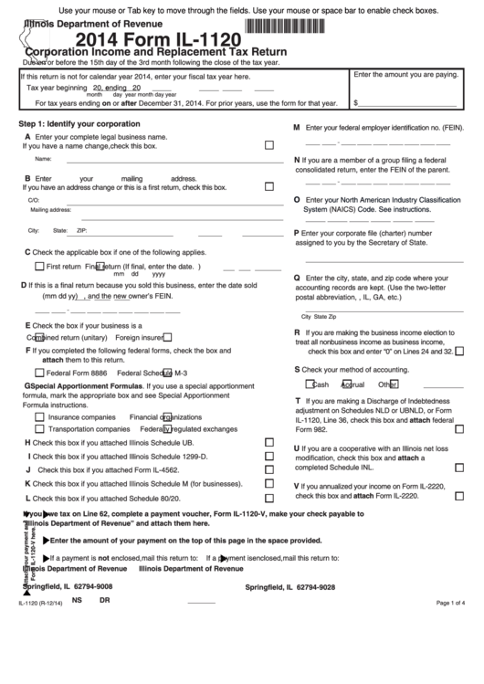 Fillable Form Il-1120 - Corporation Income And Replacement Tax Return - 2014 Printable pdf