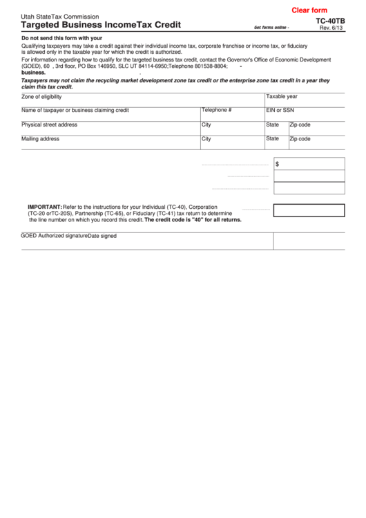 Fillable Form Tc-40tb - Targeted Business Income Tax Credit Printable pdf