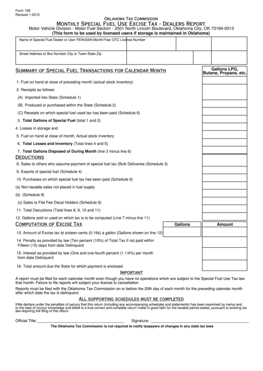 Fillable Form 199 - Monthly Special Fuel Use Excise Tax - Dealers Report Printable pdf