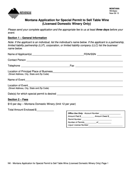 Montana Winspec Form - Montana Application For Special Permit To Sell Table Wine (Licensed Domestic Winery Only) Printable pdf