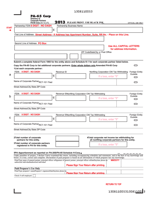 Fillable Form Pa-65 - Corp Directory Of Corporate Partners - 2013 Printable pdf