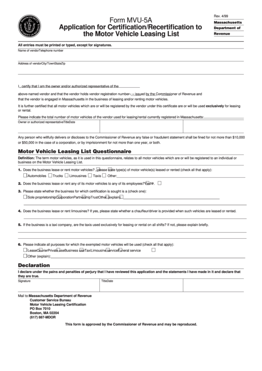 Form Mvu-5a - Application For Certification-Recertification To The Motor Vehicle Leasing List Printable pdf