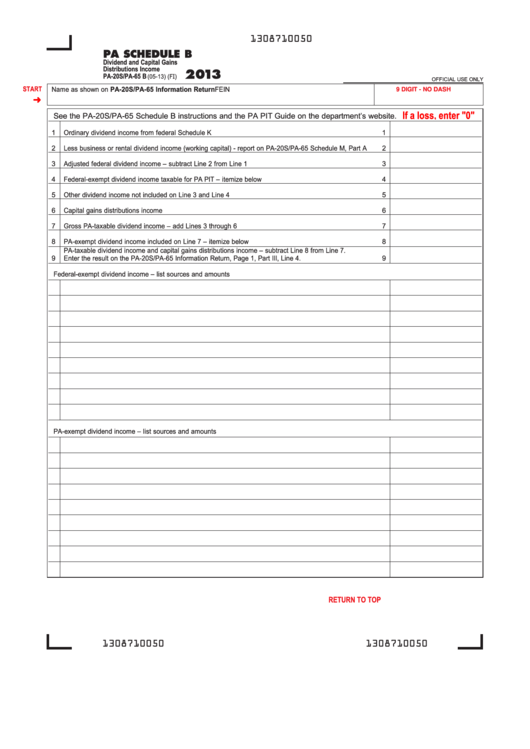 Fillable Form Pa-20s/pa-65 B - Pa Schedule B - Dividend And Capital Gains Distributions Income - 2013 Printable pdf