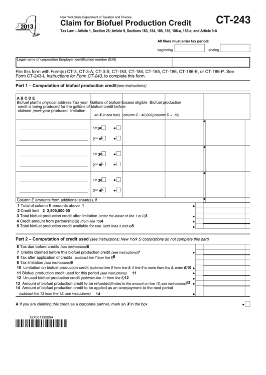 Form Ct-243 - Claim For Biofuel Production Credit - 2013 Printable pdf